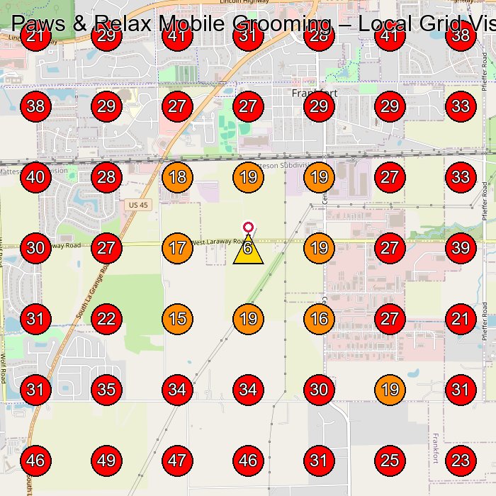 Paws & Relax Mobile Grooming GeoGrid visibility map for Beauty Salon in New Lenox